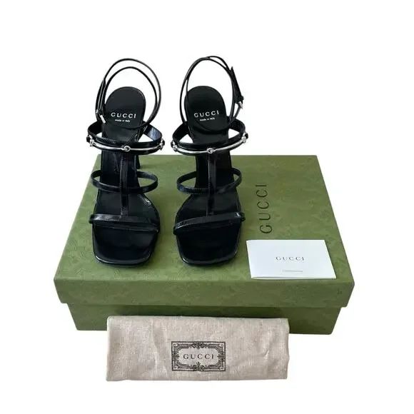 GUCCI Women's Horsebit Caged T Strap High Heel Sandals Black Silver 37.5 US 7.5 - Picture 6 of 16